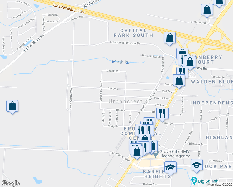map of restaurants, bars, coffee shops, grocery stores, and more near 3620 Central Avenue in Grove City