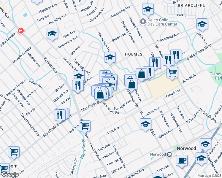 map of restaurants, bars, coffee shops, grocery stores, and more near 2185 MacDade Boulevard in Holmes