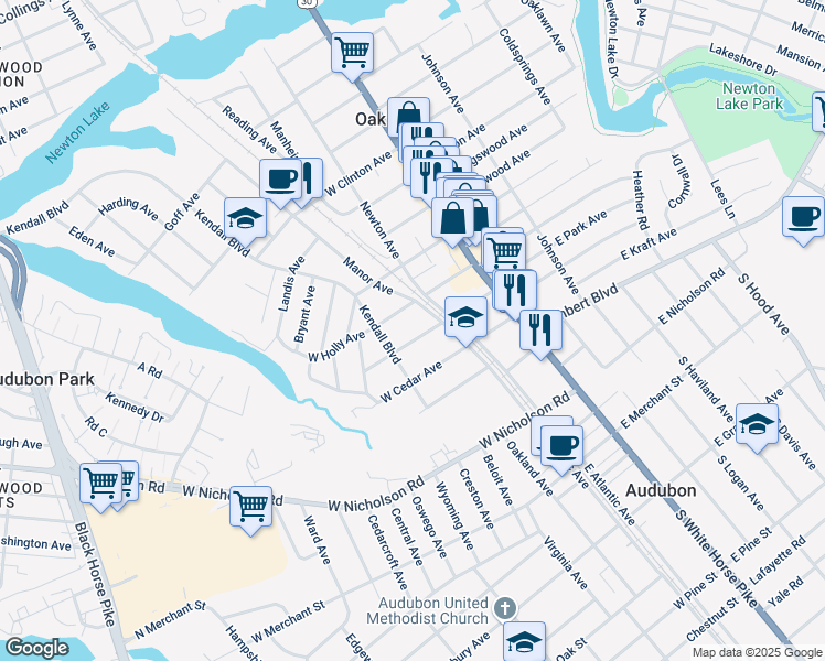 map of restaurants, bars, coffee shops, grocery stores, and more near 123 West Park Avenue in Oaklyn