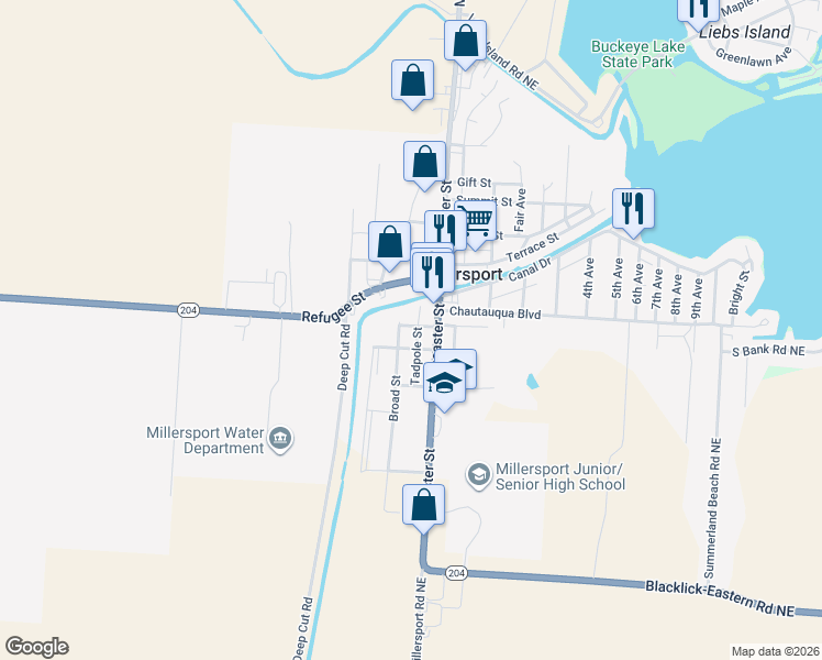 map of restaurants, bars, coffee shops, grocery stores, and more near 11990 Broad Street in Millersport