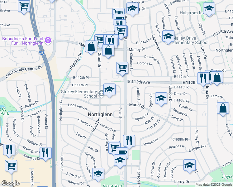 map of restaurants, bars, coffee shops, grocery stores, and more near 608 Emery Road in Northglenn