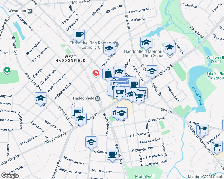 map of restaurants, bars, coffee shops, grocery stores, and more near 38 Tanner Street in Haddonfield