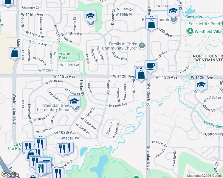 map of restaurants, bars, coffee shops, grocery stores, and more near 5670 West 111th Avenue in Westminster