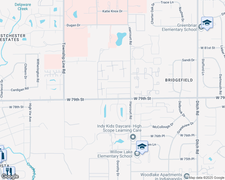 map of restaurants, bars, coffee shops, grocery stores, and more near 2047 Dunbarton Court West in Indianapolis