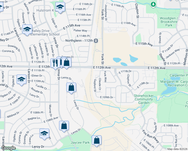 map of restaurants, bars, coffee shops, grocery stores, and more near 11137 Gaylord Street in Northglenn