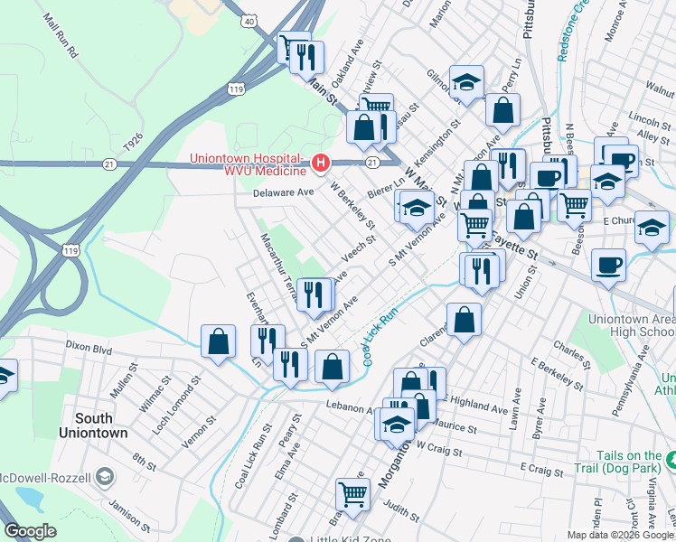 map of restaurants, bars, coffee shops, grocery stores, and more near 50 Nutt Avenue in Uniontown