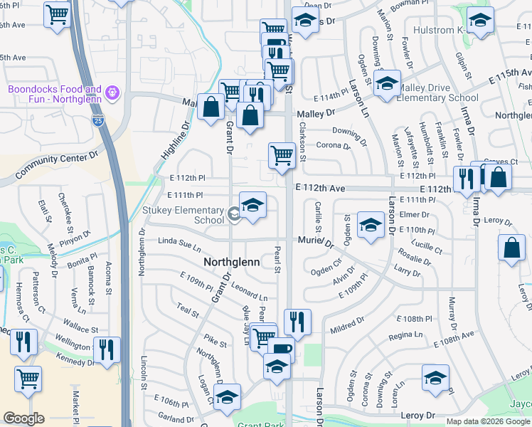map of restaurants, bars, coffee shops, grocery stores, and more near 608 Emery Road in Northglenn
