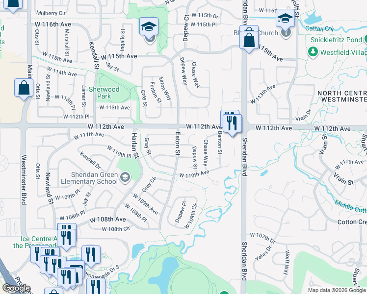 map of restaurants, bars, coffee shops, grocery stores, and more near 5670 West 111th Avenue in Westminster