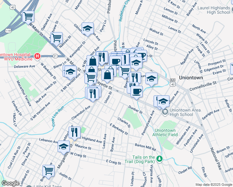 map of restaurants, bars, coffee shops, grocery stores, and more near 19A West Fayette Street in Uniontown