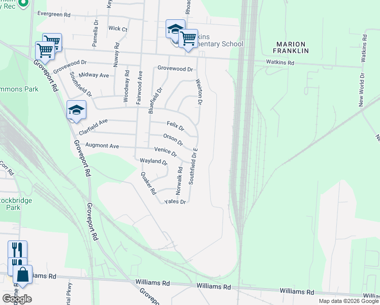 map of restaurants, bars, coffee shops, grocery stores, and more near 1564 Orson Drive in Columbus