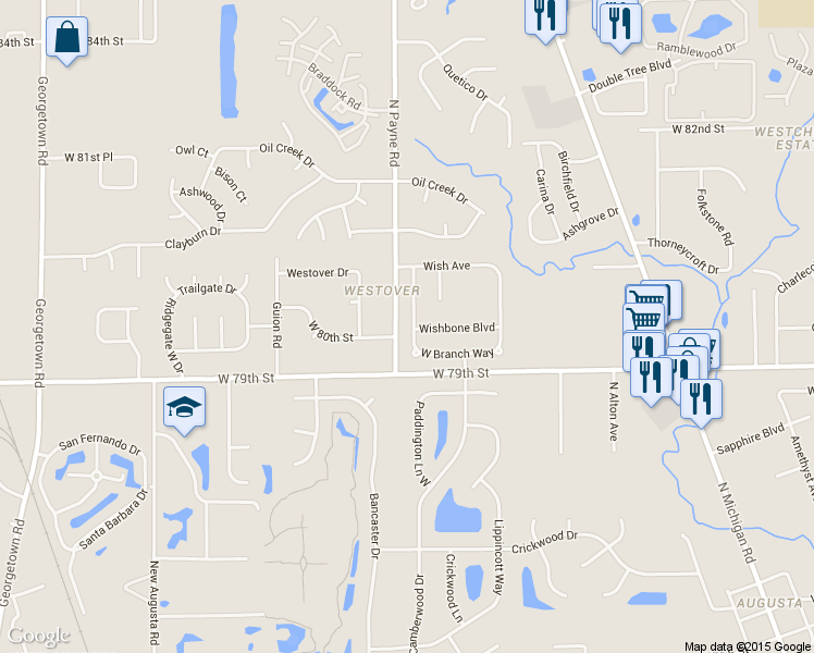 map of restaurants, bars, coffee shops, grocery stores, and more near 3816 Wishbone Boulevard in Indianapolis