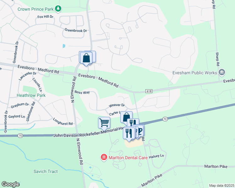 map of restaurants, bars, coffee shops, grocery stores, and more near 36 Hathaway Court in Evesham