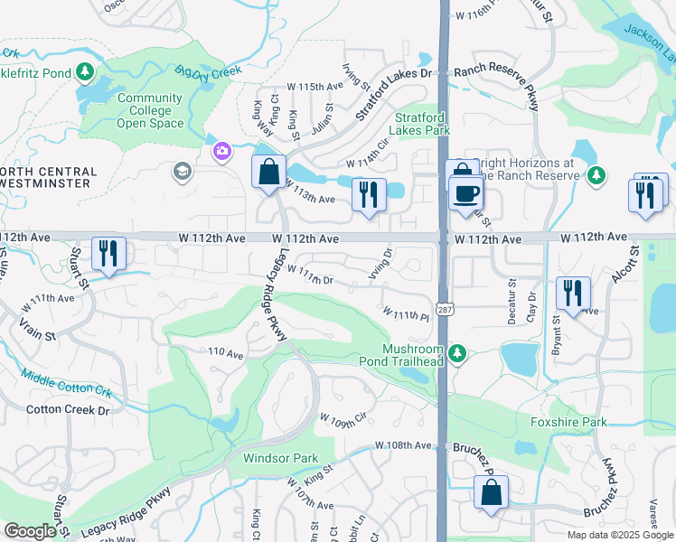 map of restaurants, bars, coffee shops, grocery stores, and more near 3403 West 111th Drive in Westminster