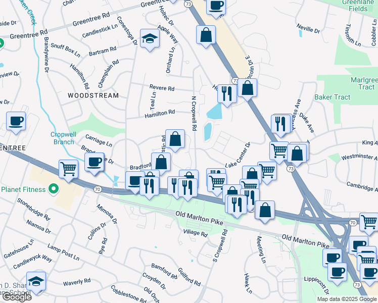 map of restaurants, bars, coffee shops, grocery stores, and more near Brook View Circle in Evesham Township
