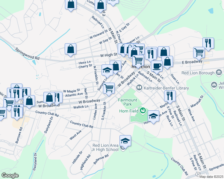 map of restaurants, bars, coffee shops, grocery stores, and more near 259 West Broadway in Red Lion