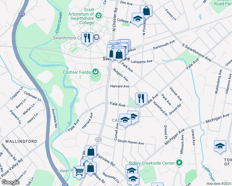 map of restaurants, bars, coffee shops, grocery stores, and more near 214 Cornell Avenue in Swarthmore