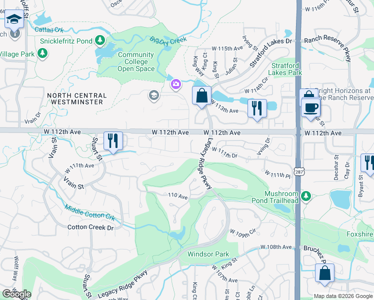 map of restaurants, bars, coffee shops, grocery stores, and more near 3638 West 111th Drive in Westminster
