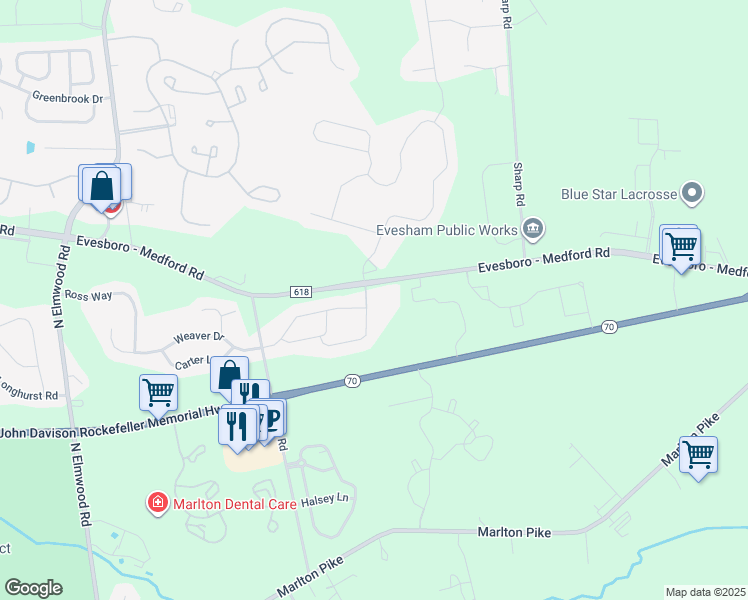 map of restaurants, bars, coffee shops, grocery stores, and more near 1006 Delancey Way in Evesham
