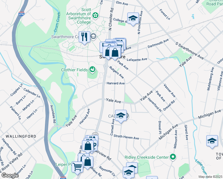 map of restaurants, bars, coffee shops, grocery stores, and more near 214 Cornell Avenue in Swarthmore