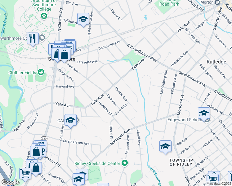 map of restaurants, bars, coffee shops, grocery stores, and more near 314 Vassar Avenue in Swarthmore