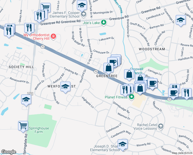 map of restaurants, bars, coffee shops, grocery stores, and more near 1985 Marlton Pike East in Cherry Hill