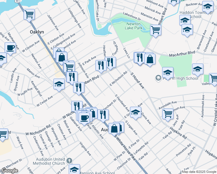 map of restaurants, bars, coffee shops, grocery stores, and more near 120 East Nicholson Road in Audubon