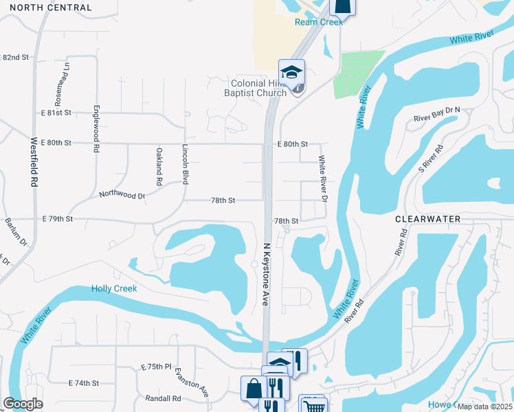 map of restaurants, bars, coffee shops, grocery stores, and more near 2323 Beach Avenue in Indianapolis