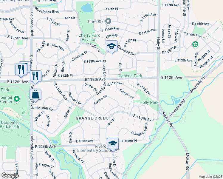 map of restaurants, bars, coffee shops, grocery stores, and more near 11133 Eudora Place in Thornton