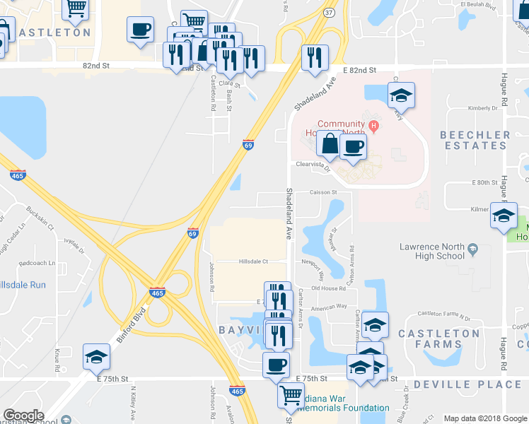 map of restaurants, bars, coffee shops, grocery stores, and more near 7914 Shadeland Avenue in Indianapolis