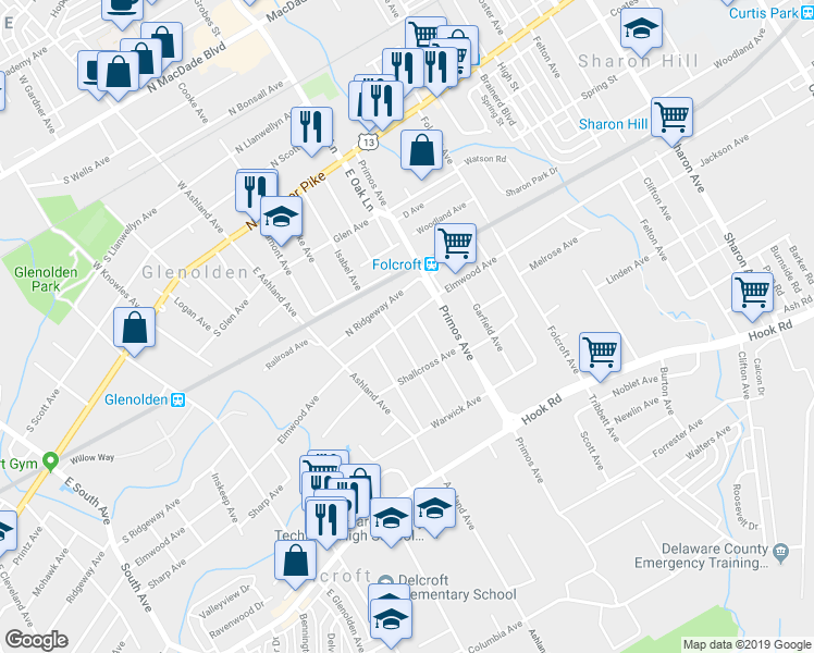 map of restaurants, bars, coffee shops, grocery stores, and more near 1574 Elmwood Avenue in Folcroft