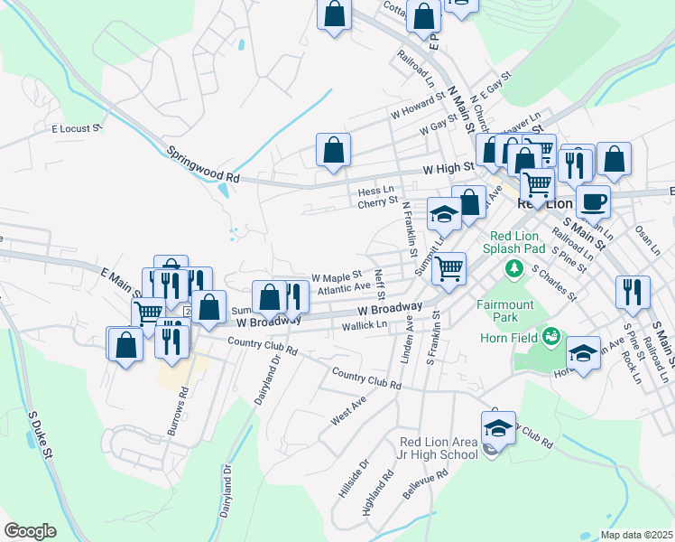 map of restaurants, bars, coffee shops, grocery stores, and more near 601b West Maple Street in Red Lion