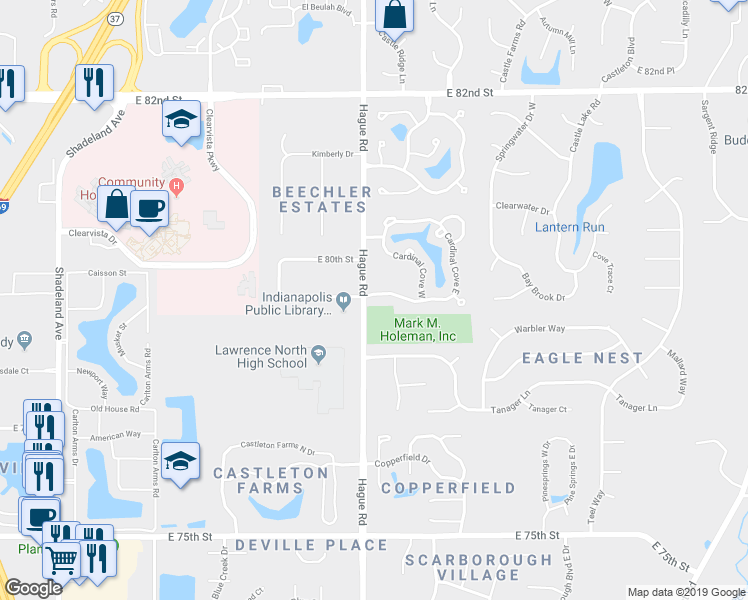 map of restaurants, bars, coffee shops, grocery stores, and more near 7735 Cardinal Cove South in Indianapolis
