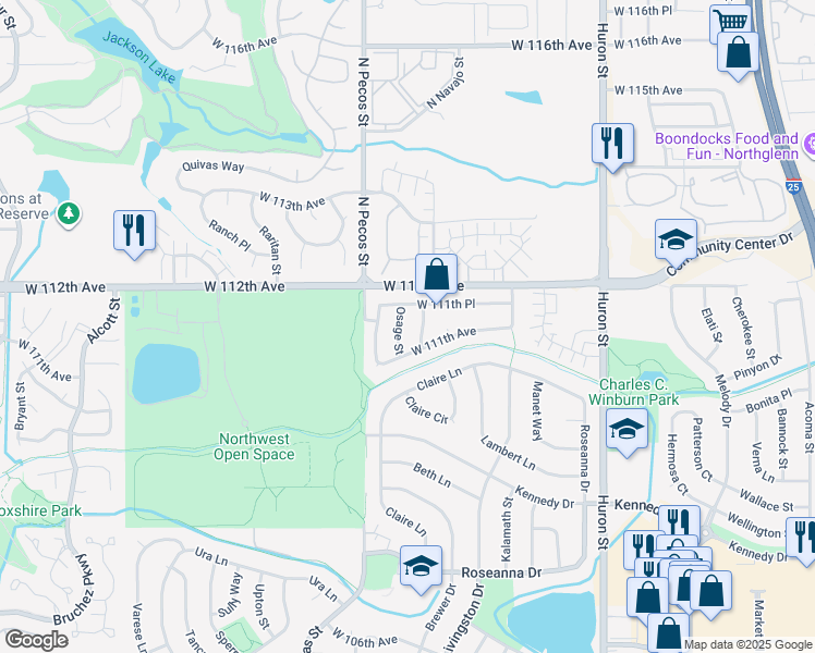 map of restaurants, bars, coffee shops, grocery stores, and more near 11142 Osage Street in Northglenn