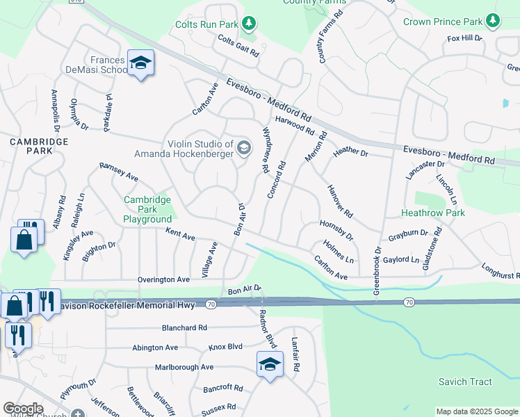 map of restaurants, bars, coffee shops, grocery stores, and more near 11 Concord Road in Evesham