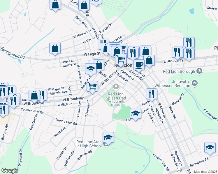 map of restaurants, bars, coffee shops, grocery stores, and more near 27 Boundary Avenue in Red Lion