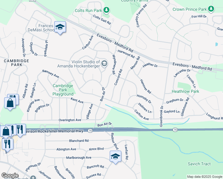 map of restaurants, bars, coffee shops, grocery stores, and more near 11 Concord Road in Evesham