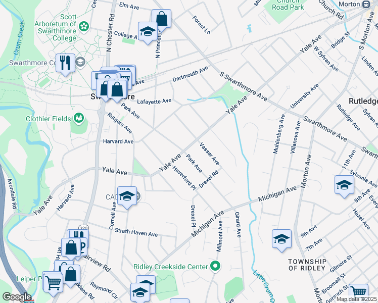 map of restaurants, bars, coffee shops, grocery stores, and more near 303 Park Avenue in Swarthmore