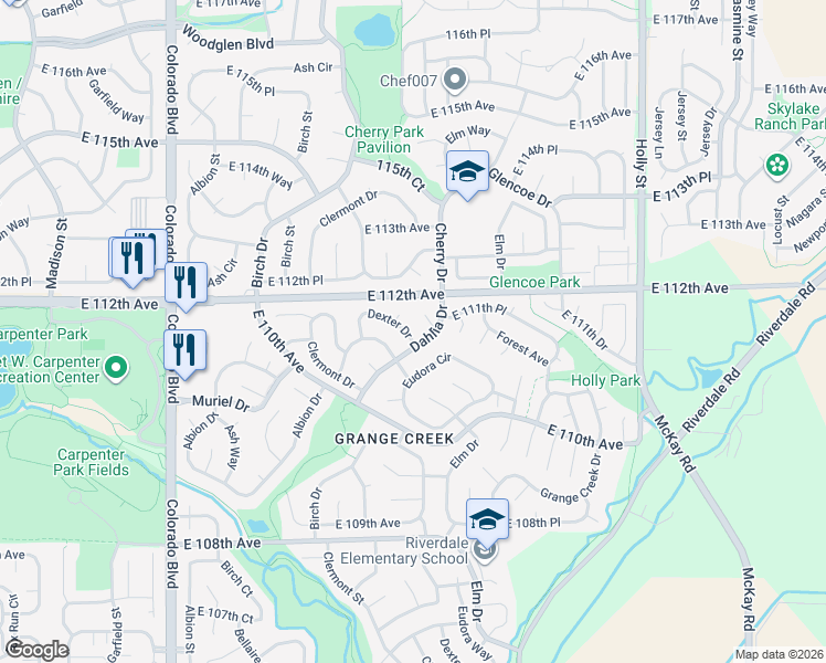 map of restaurants, bars, coffee shops, grocery stores, and more near 11173 Dexter Drive in Thornton