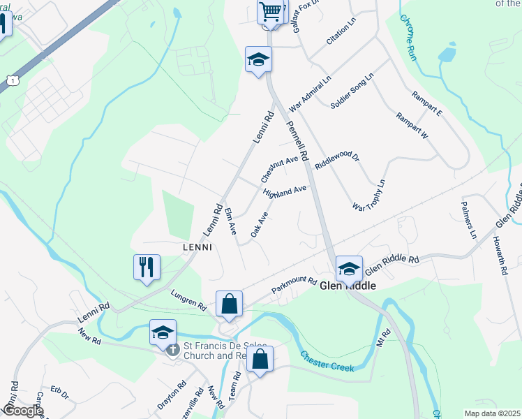 map of restaurants, bars, coffee shops, grocery stores, and more near 272 Chestnut Avenue in Rose Valley