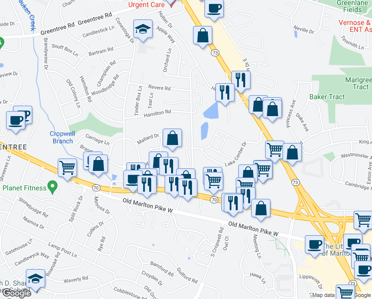 map of restaurants, bars, coffee shops, grocery stores, and more near Brook View Circle in Evesham