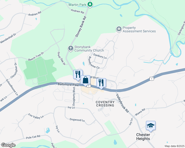 map of restaurants, bars, coffee shops, grocery stores, and more near 9 Ashley Court in Glen Mills