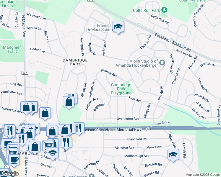 map of restaurants, bars, coffee shops, grocery stores, and more near 7 Ridgemount Drive in Evesham