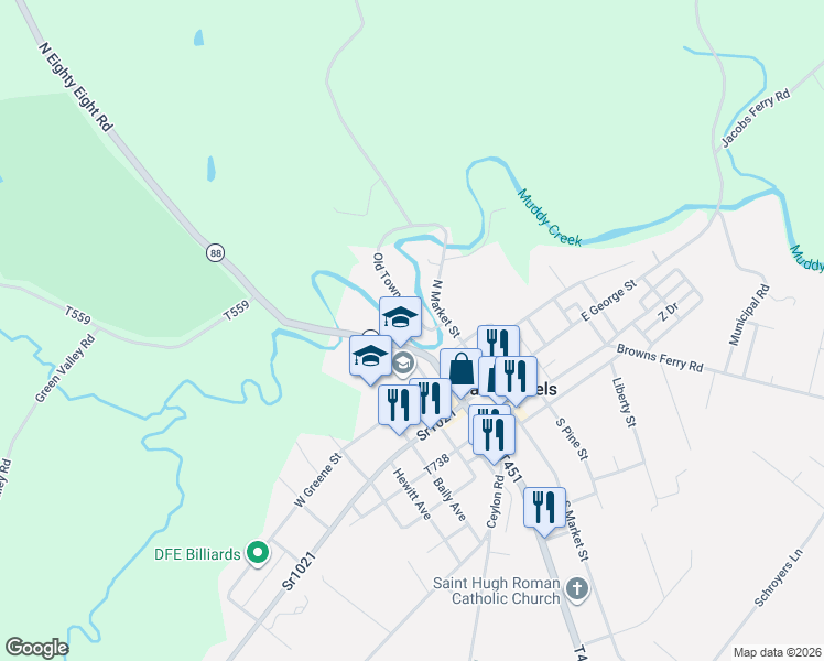 map of restaurants, bars, coffee shops, grocery stores, and more near 407 Old Town Road in Carmichaels