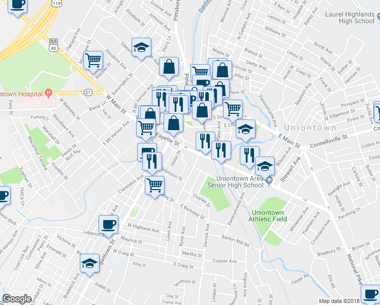map of restaurants, bars, coffee shops, grocery stores, and more near 19A West Fayette Street in Uniontown