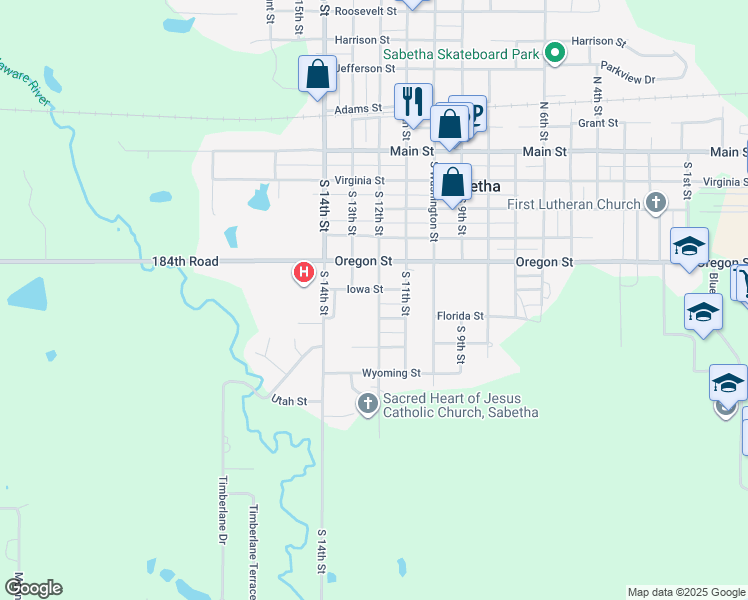 map of restaurants, bars, coffee shops, grocery stores, and more near 601 South 12th Street in Sabetha