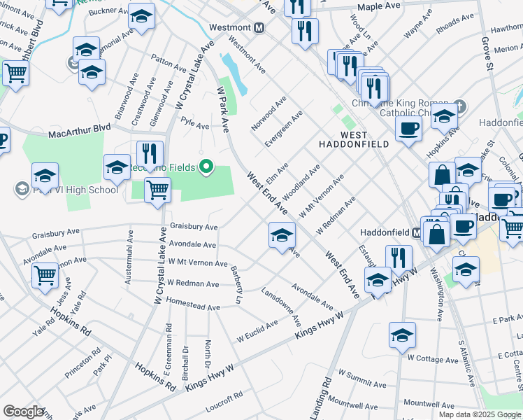 map of restaurants, bars, coffee shops, grocery stores, and more near 409 Peyton Avenue in Haddonfield