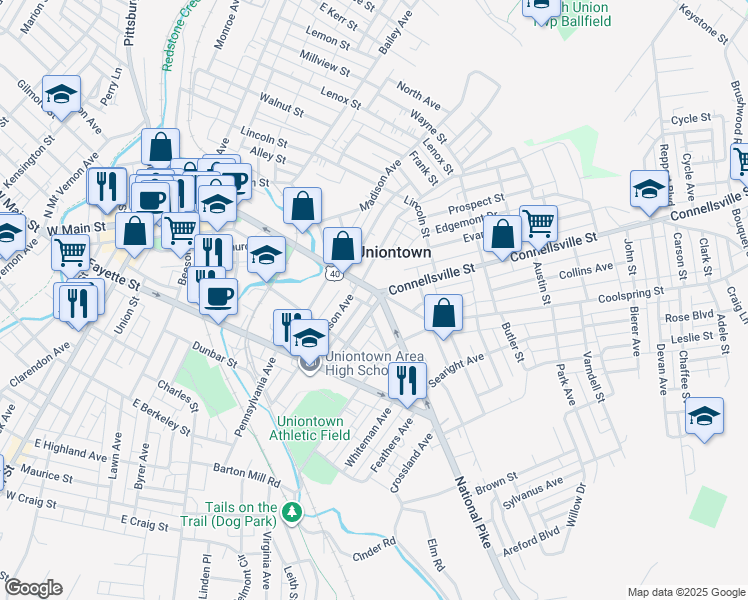map of restaurants, bars, coffee shops, grocery stores, and more near 2 Stewart Avenue in Uniontown