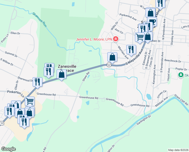 map of restaurants, bars, coffee shops, grocery stores, and more near 2620 Orchard Park in Zanesville