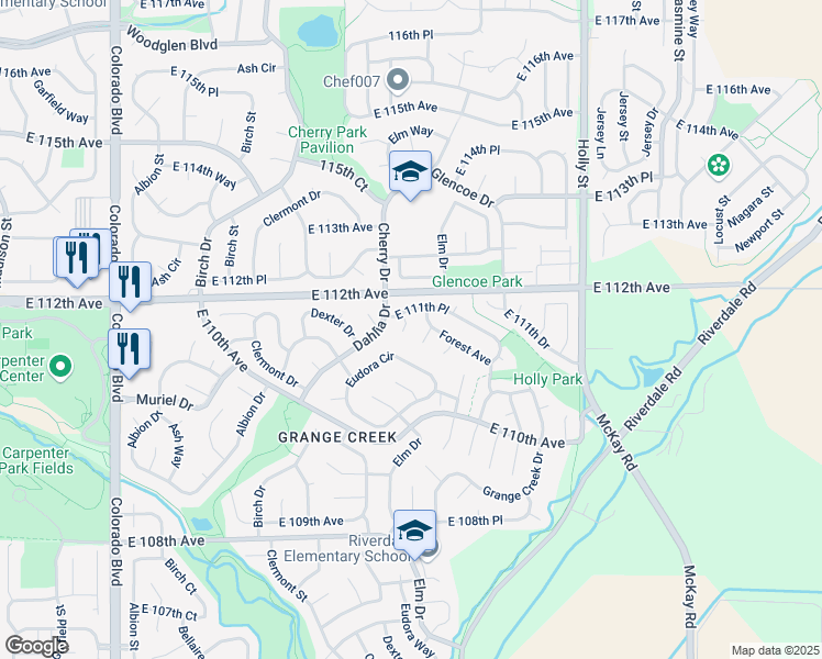 map of restaurants, bars, coffee shops, grocery stores, and more near 11133 Eudora Place in Thornton