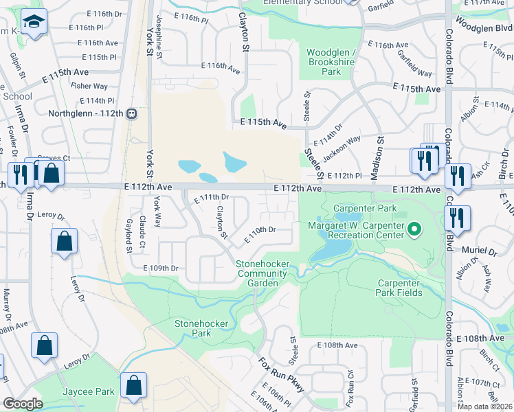 map of restaurants, bars, coffee shops, grocery stores, and more near 16 West Drive in Northglenn
